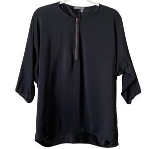 Vince | 100% Silk Tunic Top Blouse Zip Front 3/4 Sleeve Black Small